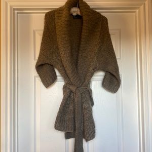 Chunky belted brown sweater. Three quarter length sleeves. Size small